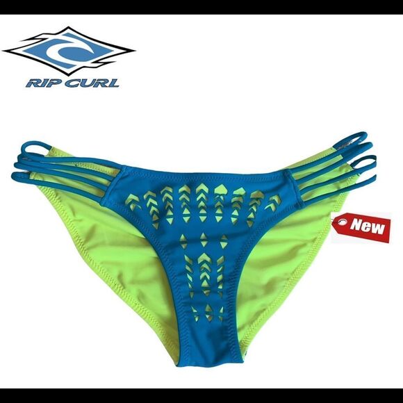 Rip curl Blue neon yellow cut-out scrunched bum reversible bikini bottoms Sz M - Picture 1 of 8
